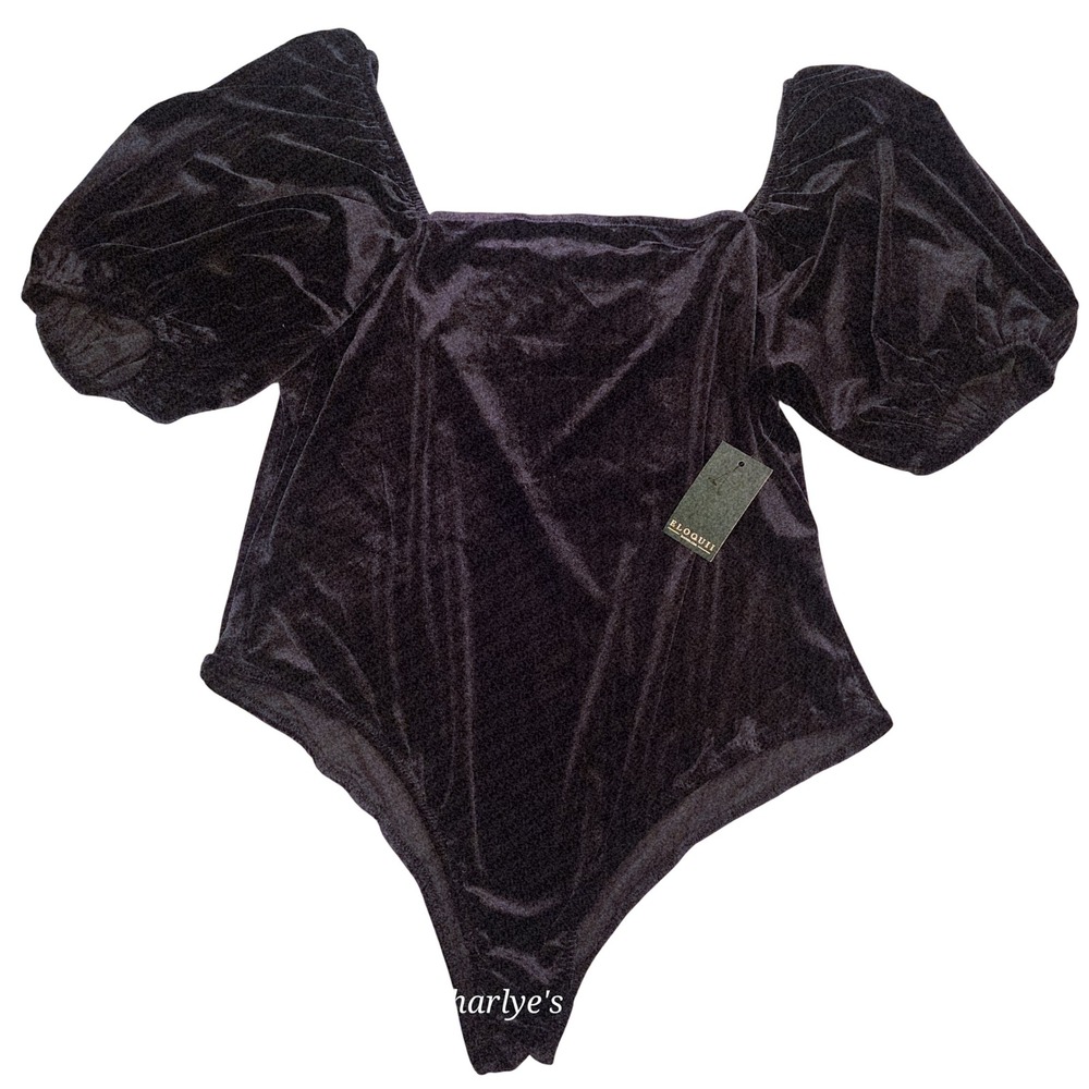ELOQUII Blk Velvet Puff Sleeve Vamp Bodysui Dark Milkmaid 18/20 NWT